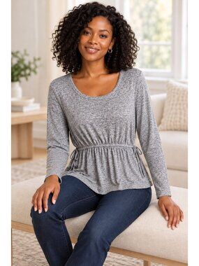 Caslon Womens Small Gray Heather Peplum Top Tie Waist Long Sleeve Knit NWT